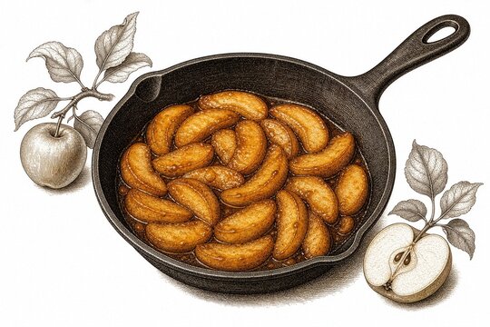 Vintage engraved caramelized apple slices in cast iron skillet with fresh apples still life