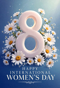 Beautiful white daisies surrounding number eight for international womens day celebration card
