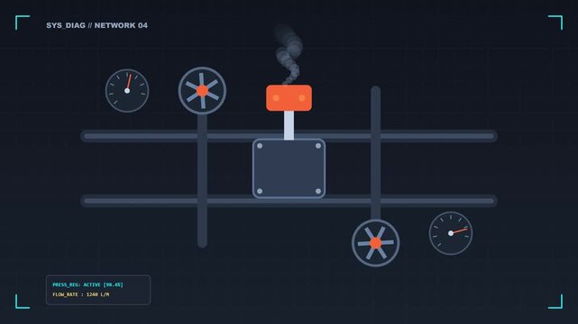 Flat vector animation of an industrial diagnostic system dashboard monitoring pressure and flow rate with moving mechanical elements
