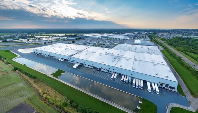 aerial view of a large white modern distribution center and industrial warehouse facility featuring a retention pond and loading docks in a suburban area