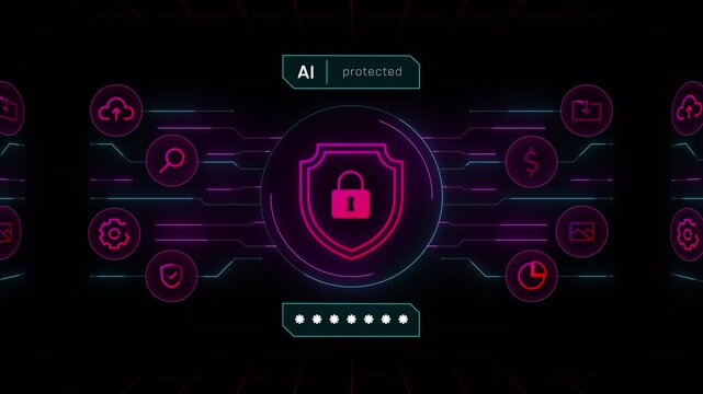 Full screen HUD dashboard showing central AI padlock shield with surrounding digital service icons.