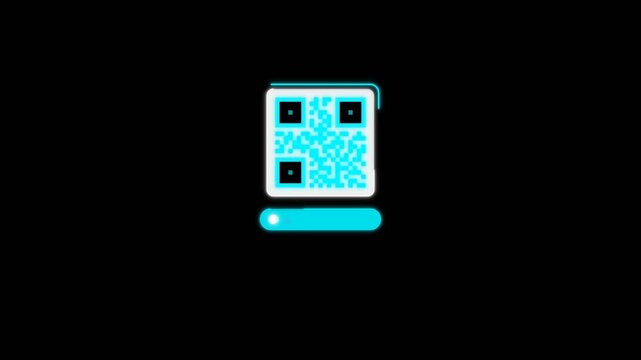 Futuristic neon QR code scan icon on a dark black background