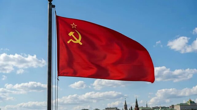 Red Soviet Flag Flapping in Wind Against Blue Sky