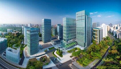 Obraz premium isometric modern city business center buildings with professional office complex architecture surrounded by lush green trees and urban street pathways