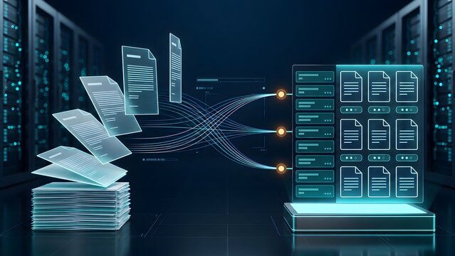 Document digitization and data migration process. Digital files flowing into secure cloud database server archiving system