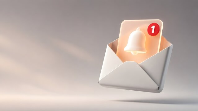 Email notification alert and digital communication. Glowing 3D reminder bell with red unread message badge inside minimal open envelope