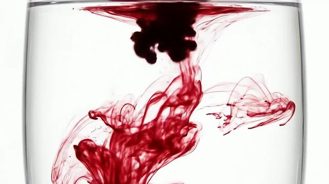 Red ink swirling in water, abstract fluid motion with vibrant color