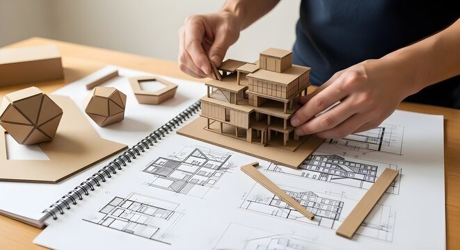 Architect building a small paper house model on a wooden desk with paper plans and blueprints for a modern home design project in a creative office studio during the day with bright light