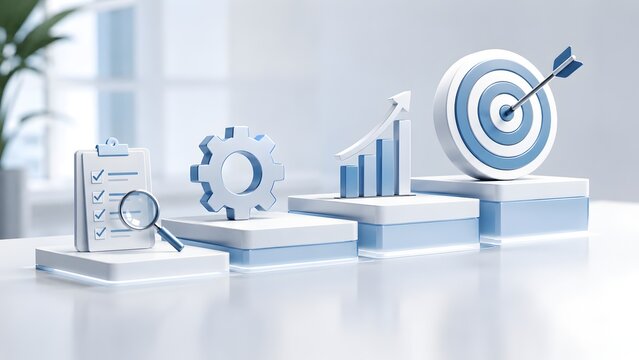 Business growth strategy and project management phases. Ascending steps featuring research clipboard gear processing financial chart and success target
