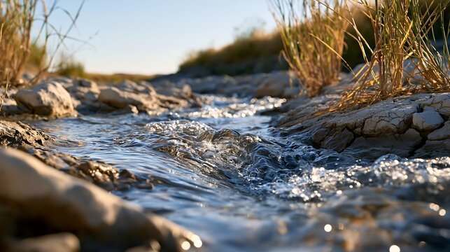 Fast flowing water rushing through a rocky desert channel after heavy rain, representing flash flood dynamics, erosion, climate change and water movement in dry environments