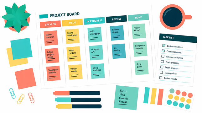 Project Board displaying agile workflow with sticky notes in progress stages across Backlog to Done columns for team collaboration and task management