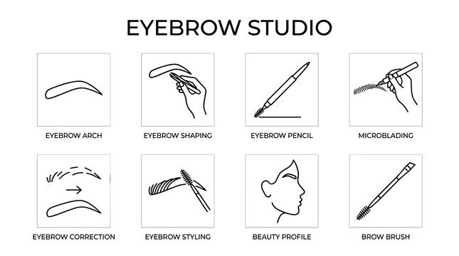 Professional Eyebrow Studio Line Icon Set Vector Illustration with Brow Shaping, Microblading, Correction and Beauty Tools