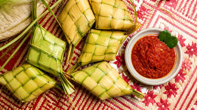 Traditional palm leaf wrapped rice dumplings served with spicy sambal sauce on patterned textile background