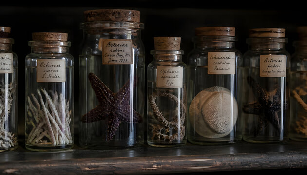 Row of Vintage Glass Vials with Cork Stoppers Containing Preserved Marine Specimens, Starfish, and Sea Urchin Spines with Latin Labels on Dark Wooden Shelf in Cabinet of Curiosities