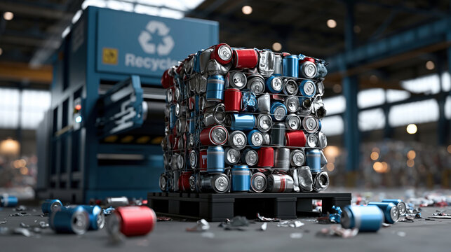 Aluminum can recycling compactor industrial bale waste metal environment factory sustainability crushed scrap ecology beverage container machinery automated processing plant warehouse ecofriendly