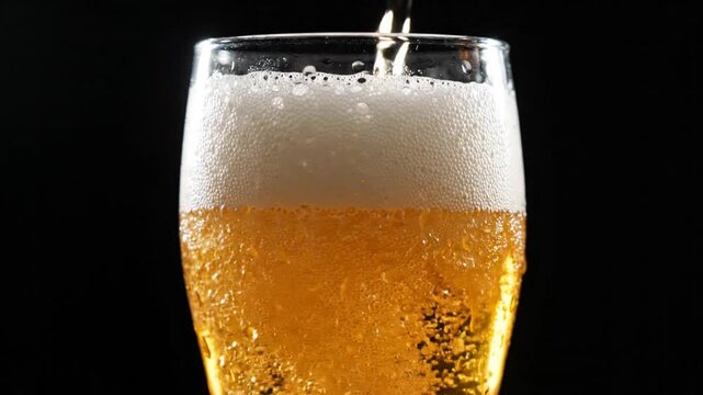 Refreshing Beer Poured into Frosted Glass, Bubbles and Foam, Close-up on Black Background