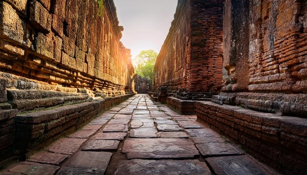 ancient stone pathway in a historic temple ruins corridor under soft natural light with detailed weathered bricks and mysterious atmosphere