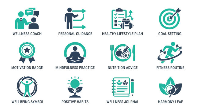 Colorful icons representing wellness and healthy lifestyle concepts.