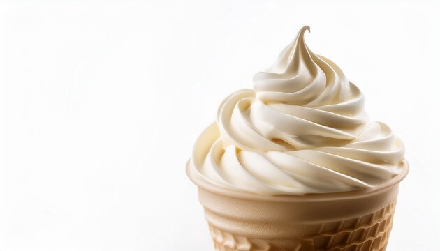 close up of creamy vanilla soft serve ice cream swirl against a white background showcasing its smooth texture and delicious appeal