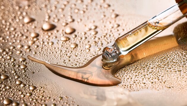 macro shot long pipette dropper with pouring transparent beige or golden serum flat lay on wet background cosmetics and skin care ad banner