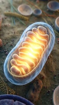 Mitochondrion generating vital cellular energy within a microscopic biological environment, displaying internal cristae membrane structure producing essential power, illustrating metabolic process.