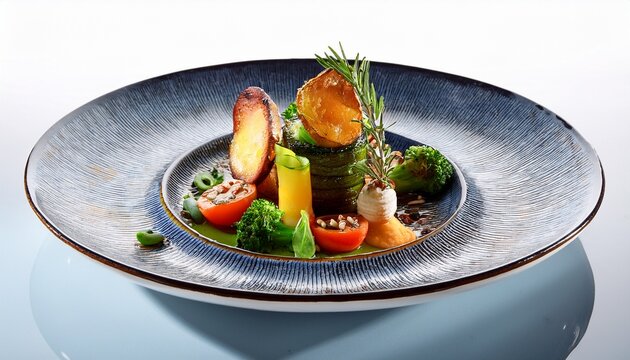 luxury vegetarian tasting meal on ceramic design plate high level serving