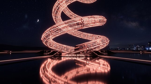 Futuristic neon torus structure at night. Glowing spiral architecture with water reflection.