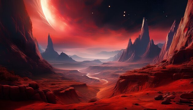 dramatic red alien planet landscape with canyon and cosmic sky