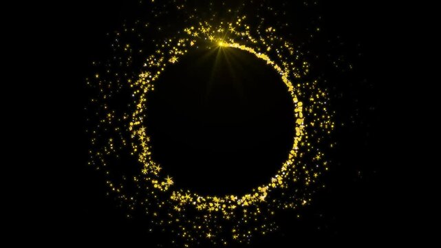 Gold glitter circle of light shine sparkles and golden spark particles in circle frame on black background, seamless looping overlay 4k virtual video animation background