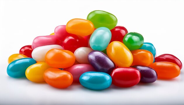 a colorful pile of jelly beans in various colors on a white background in a studio shot view