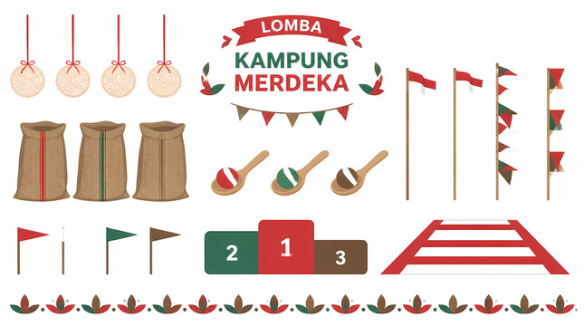 Lomba Kampung Merdeka event with colorful flags, sack races, podiums, and festive decorations for community celebration