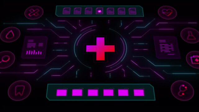 Dynamic isometric view of glowing medical cross symbol with scrolling healthcare metrics and charts.