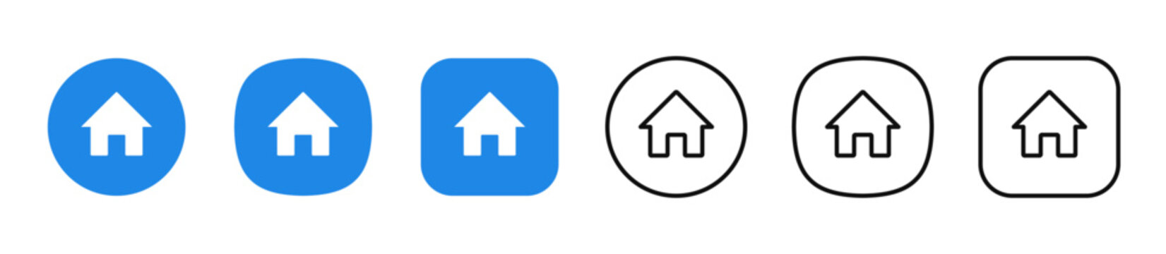 Web home icon set for website and mobile apps in outline and filled styles. Simple house symbols. Main page buttons. Building or real estate element. Vector illustration