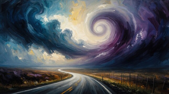 Surreal oil painting of empty highway stretching into horizon under dark swirling sky. Thick brushstrokes form colorful vortex clouds above lonely road landscape. Abstract artistic vision of travel