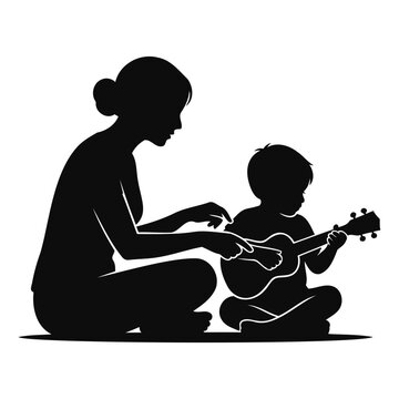 Silhouette of a woman teaching a young boy to play the ukulele while sitting on the floor.