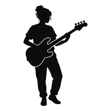 Silhouette of a woman playing a bass guitar on a white background
