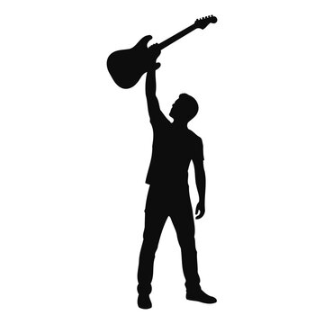Silhouette of man holding electric guitar above head in celebration pose on white background