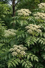 Fototapeta premium Tall Aralia elata tree blooms with white flowers in forest. Green foliage covers branches of deciduous plant under bright sun. Natural summer flora grows in wood. Wild shrub blossoms with small