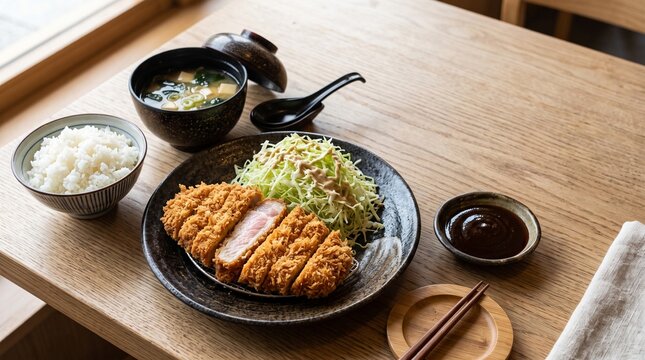 木目テーブルの上のとんかつ定食（ご飯・味噌汁・ソース付き）