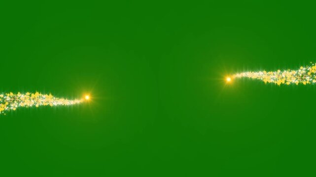 Golden glitter sparkle trail, golden sparkle particles flowing and magic stars dust glitter line, glow golden lights on green background, optical lens flare twinkle animation 4k