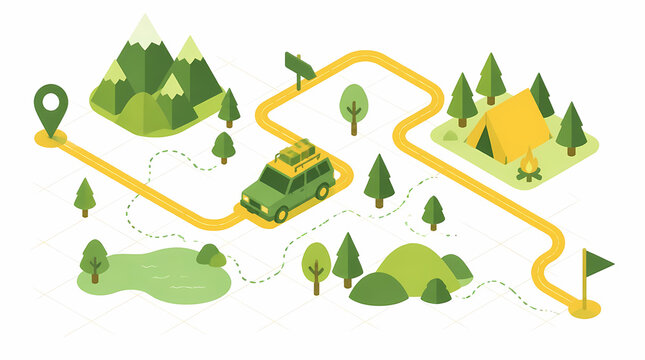 Adventure vehicle driving along winding road through mountainous forest landscape with campsite and trees