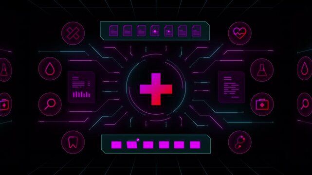 Full screen HUD dashboard showing central AI medical cross icon with connected health service nodes.