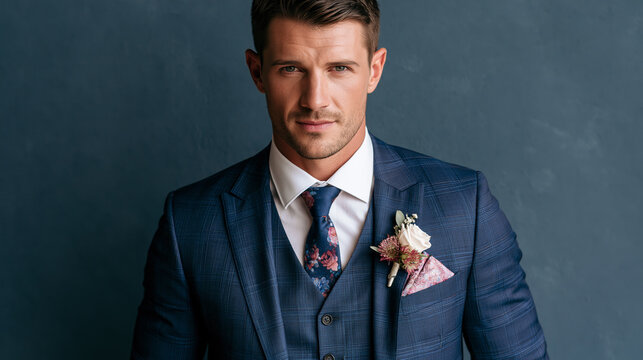 Handsome groom in navy checked suit with floral boutonniere and pocket square wedding portrait
