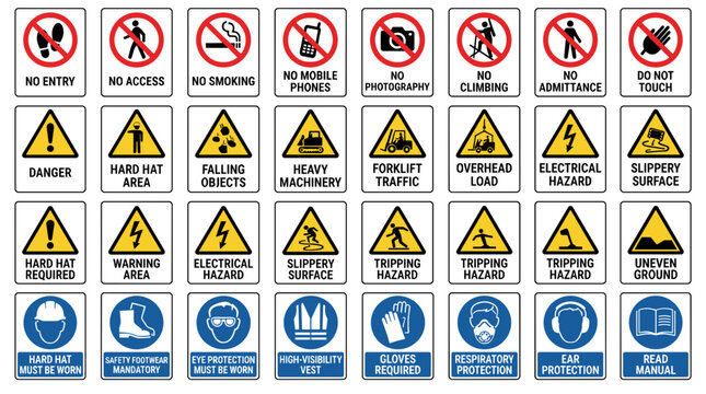 Collection of Safety Warning and Prohibition Signs.