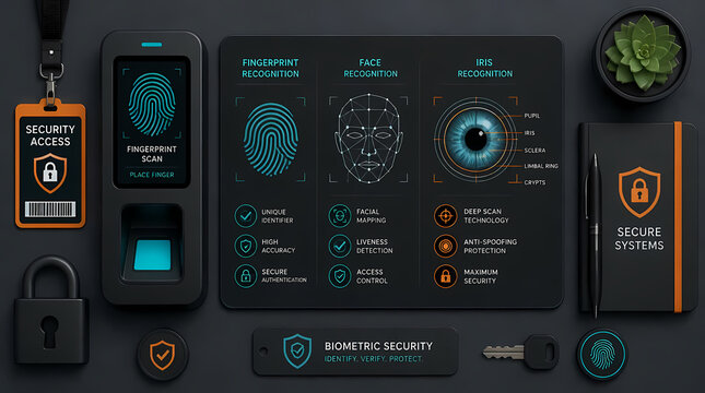 Biometric Security System Displaying Fingerprint Face and Iris Recognition Technologies with Locks Keycards and Digital Interface on Dark Background