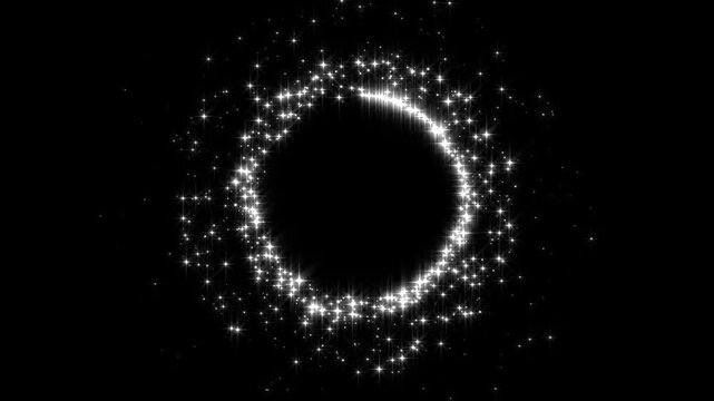 White glitter star circle of light shine sparkles and  spark particles in circle frame on black background, christmas magic stars glow, firework confetti of glittery ring shimmer