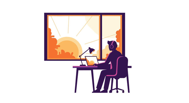 Freelancer Working on Laptop in Home Office at Sunrise Vector Illustration