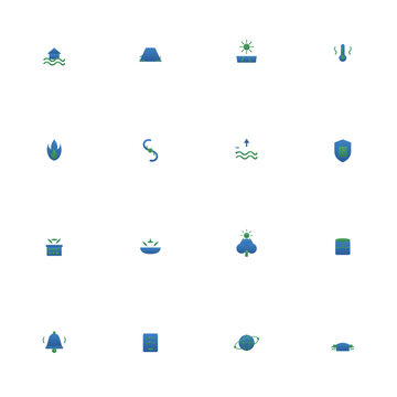 Climate adaptation icon set - 16 blue and green duotone vector icons. Flood, barrier, drought, heat wave, wildfire, sea level rise, green infrastructure and more symmetric flat climate icons.
