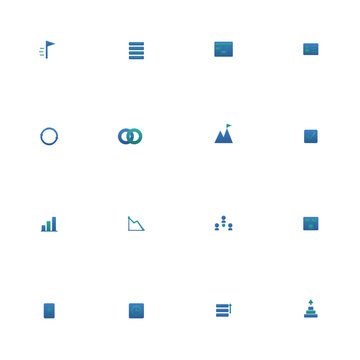 Agile icon set - 16 blue and teal duotone vector icons. Sprint, backlog, kanban board, user story, iteration, velocity chart, burndown, retrospective and more symmetric flat project management icons.