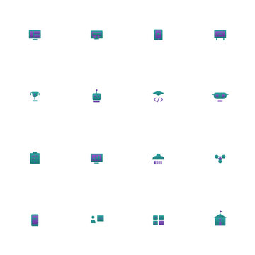 EdTech icon set - 16 teal and purple duotone vector icons. LMS platform, virtual classroom, tablet learning, interactive whiteboard, gamification, AI tutor and more symmetric flat education.